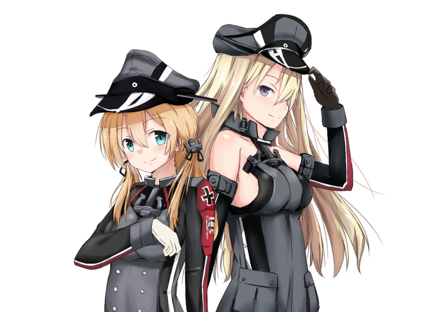 2girls anchor anchor_hair_ornament bare_shoulders bismarck_(kantai_collection) blonde_hair blue_eyes blush breasts brown_gloves commentary_request detached_sleeves gloves hair_ornament hat iron_cross kantai_collection kire_(hayagu) long_hair looking_at_viewer low_twintails military military_hat military_uniform multiple_girls peaked_cap prinz_eugen_(kantai_collection) twintails uniform upper_body white_gloves