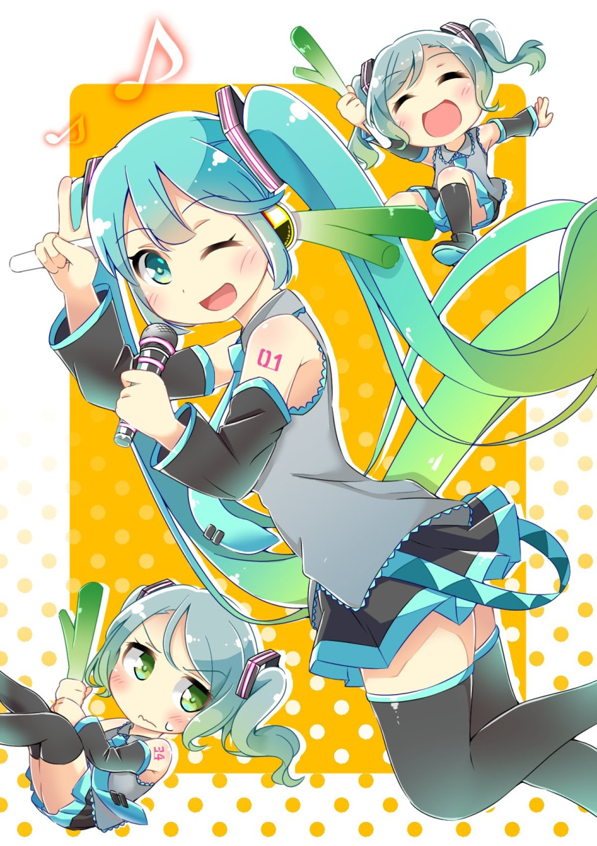 3girls ;d ^_^ aqua_hair aqua_neckwear arm_up bang_dream! bangs black_legwear blush chibi closed_eyes closed_eyes collared_shirt commentary cosplay crossover detached_sleeves eyebrows_visible_through_hair green_eyes hair_ornament halftone halftone_background hatsune_miku hatsune_miku_(cosplay) highres hikawa_hina hikawa_sayo holding holding_microphone kyou_(user_gpks5753) long_hair looking_at_viewer microphone miniskirt multiple_girls musical_note one_eye_closed open_mouth pleated_skirt shirt skirt smile spring_onion strap sweatdrop thigh-highs tie_clip twintails v very_long_hair vocaloid wavy_mouth