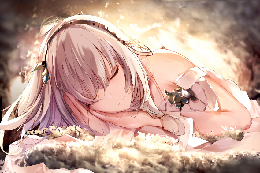 1girl absurdres anastasia_(fate/grand_order) arms_up bangs bare_shoulders blush brown_hairband closed_eyes closed_mouth commentary_request eyebrows_visible_through_hair facing_viewer fallen_heaven fate/grand_order fate_(series) hair_between_eyes hairband highres long_hair lying on_side silver_hair smile solo