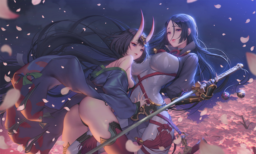 2girls arm_guards ass bare_shoulders black_hair blue_eyes bodysuit breasts cherry_blossoms erect_nipples fate/grand_order fate_(series) fingernails highres horns huge_breasts japanese_clothes jewelry katana lips long_fingernails long_hair looking_at_another love_cacao minamoto_no_raikou_(fate/grand_order) multiple_girls off_shoulder oni_horns parted_lips petals scabbard sheath short_hair shuten_douji_(fate/grand_order) sideboob skin_tight small_breasts sword tree very_long_hair violet_eyes weapon wind