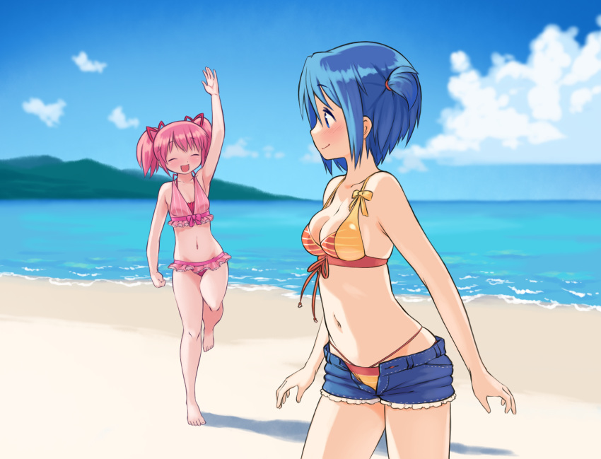 2girls ^_^ arm_at_side arm_up arms_at_sides bare_arms bare_legs bare_shoulders barefoot beach bikini bikini_under_clothes blue_eyes blue_hair blue_sky blurry blurry_background blush breasts cleavage closed_eyes closed_eyes closed_mouth clouds collarbone day denim denim_shorts flying_sweatdrops gloamy hair_ribbon highres kaname_madoka looking_at_another mahou_shoujo_madoka_magica medium_breasts miki_sayaka multiple_girls navel ocean open_clothes open_fly open_mouth open_shorts outdoors pink_hair ribbon running short_hair shorts side_ponytail sidelocks sky smile standing stomach strap_gap swimsuit thighs two_side_up unbuttoned water waving |d