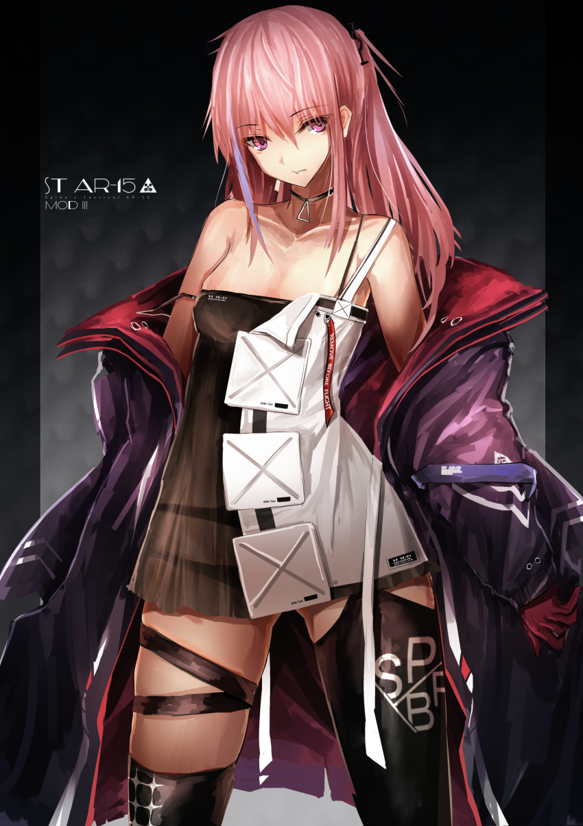 1girl armor bangs bare_shoulders black_legwear breasts choker closed_mouth clothes_writing collarbone cowboy_shot dress eyebrows_visible_through_hair girls_frontline gloves haguruma_(hagurumali) hair_between_eyes hair_ornament highres jacket kneehighs long_hair looking_at_viewer mod3_(girls_frontline) multicolored_hair off_shoulder pink_eyes pink_hair ponytail sidelocks single_kneehigh single_thighhigh skindentation small_breasts solo st_ar-15_(girls_frontline) strap_slip streaked_hair thigh-highs thigh_strap