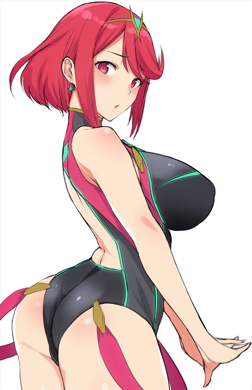 1girl ass bare_shoulders blush breasts earrings eyebrows_visible_through_hair gem hair_ornament highres pyra_(xenoblade) jewelry looking_at_viewer looking_back one-piece_swimsuit open_mouth red_eyes redhead short_hair simple_background suspenders swimsuit tiara xenoblade_(series) xenoblade_2 yuuki_shin