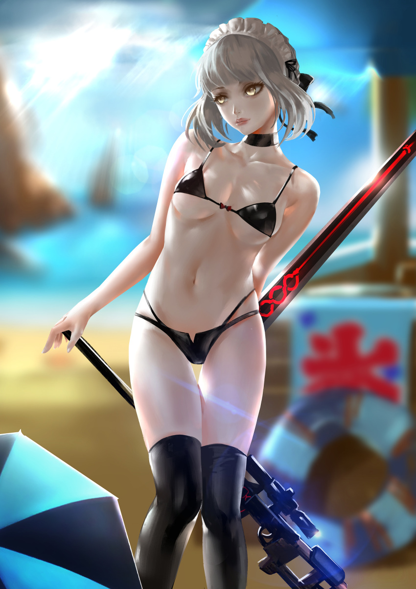 1girl absurdres artoria_pendragon_(all) beach bikini black_bow bow breasts choker collarbone fate/grand_order fate_(series) gun highres hq19910119 lips looking_to_the_side maid_headdress navel rifle saber saber_alter scope silver_hair sniper_rifle solo standing swimsuit sword thigh-highs thigh_gap under_boob weapon wind yellow_eyes