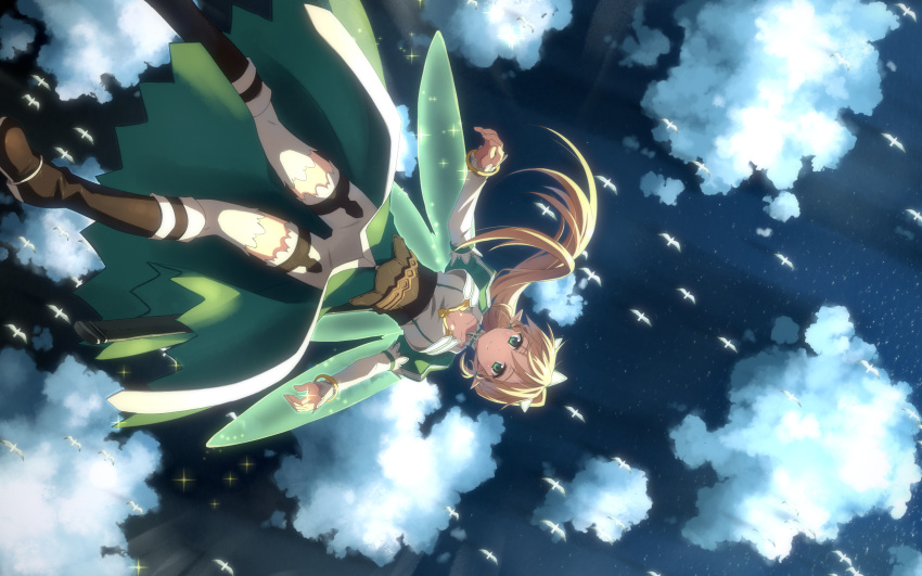 1girl bird blonde_hair boots bracelet braid breasts cleavage clouds elf fairy_wings flying from_below green_eyes green_wings highres jewelry leafa long_hair long_sleeves medium_breasts pointy_ears ponytail puffy_sleeves scan sky smile solo sword_art_online thigh-highs twin_braids wallpaper wings yuuki_tatsuya