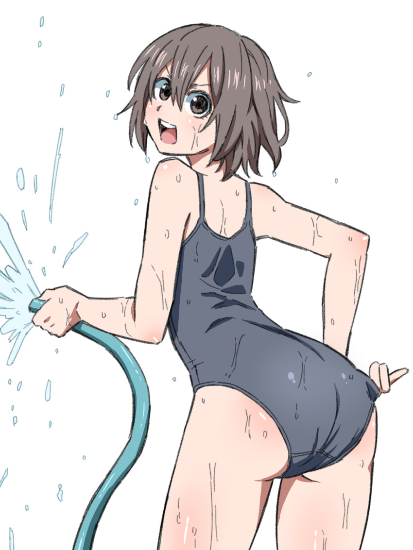 1girl adjusting_clothes adjusting_swimsuit angry ass back brown_eyes brown_hair highres hose looking_at_viewer looking_back open_mouth original school_swimsuit simple_background solo swimsuit tuskryo upper_teeth water wet white_background