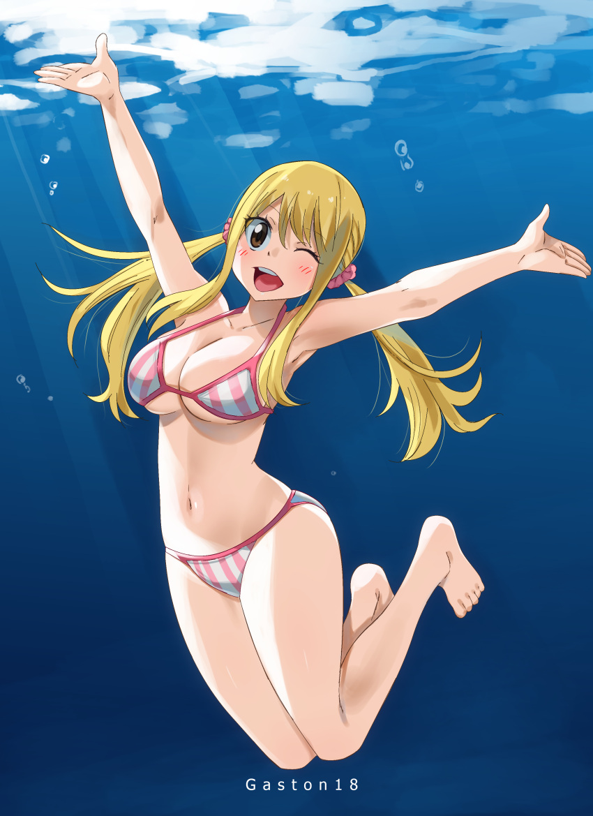 1girl ;d absurdres armpits arms_up artist_name barefoot bikini blonde_hair blush breasts brown_eyes cleavage eyebrows_visible_through_hair fairy_tail full_body gaston18 hair_between_eyes hair_ornament hair_scrunchie highres large_breasts long_hair looking_at_viewer lucy_heartfilia one_eye_closed open_mouth pink_scrunchie scrunchie smile solo striped striped_bikini swimsuit twintails under_boob underwater vertical-striped_bikini vertical_stripes