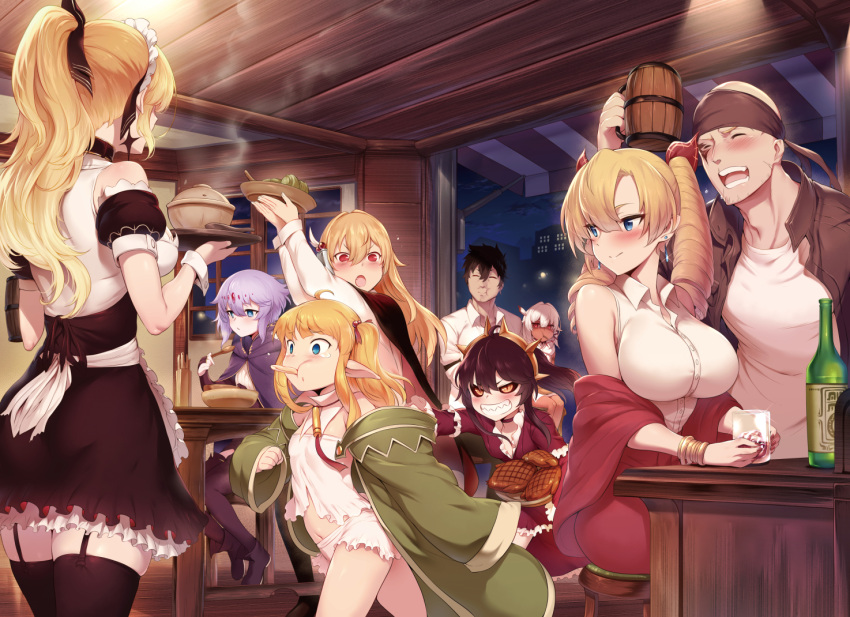 :o bar black_hair blonde_hair blue_eyes blush bottle brown_hair character_request earrings indoors jewelry m-da_s-tarou multiple_boys multiple_girls night pointy_ears red_eyes sharp_teeth steam tanaka_the_wizard tears teeth yellow_eyes