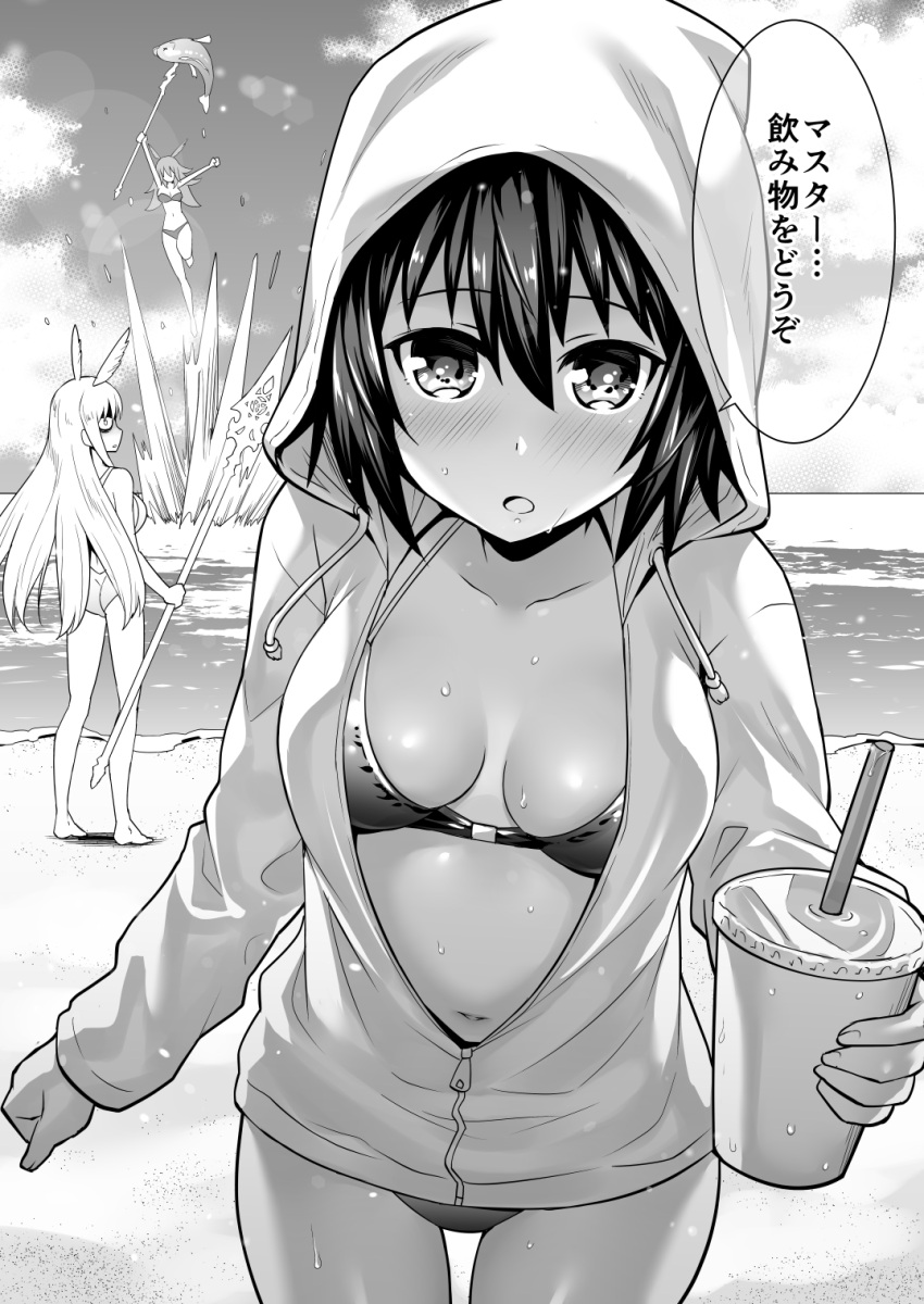 3girls :o animal_hood bangs barefoot beach bikini bikini_under_clothes breasts cat_hood cleavage clouds collarbone commentary_request cowboy_shot cup disposable_cup drawstring drinking_glass drinking_straw fate/grand_order fate_(series) fish greyscale hair_between_eyes head_wings highres hildr_(fate/grand_order) holding holding_cup holding_weapon hood hood_up hooded_jacket jacket jumping lance lens_flare long_sleeves looking_at_viewer monochrome multiple_girls navel ocean one-piece_swimsuit ono_misao open_mouth ortlinde_(fate/grand_order) outstretched_hand partially_unzipped polearm short_hair sky solo_focus speech_bubble splashing standing swimsuit thrud_(fate/grand_order) translation_request valkyrie_(fate/grand_order) water weapon