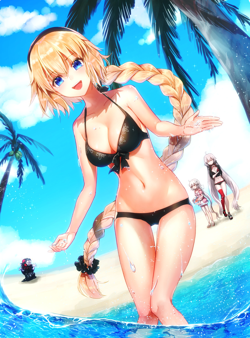 1boy 3girls :d absurdres asymmetrical_legwear ball beachball bikini black_bikini black_hairband blonde_hair blue_eyes blue_sky braid breasts caster_(fate/zero) cleavage clouds collarbone crossed_arms day fate/grand_order fate_(series) floating_hair from_below groin hair_between_eyes hairband halterneck harupin highres holding holding_ball jeanne_d'arc_(alter_swimsuit_berserker) jeanne_d'arc_(fate)_(all) jeanne_d'arc_(swimsuit_archer) jeanne_d'arc_alter_santa_lily long_hair looking_at_viewer medium_breasts multiple_girls navel open_mouth outdoors print_bikini red_legwear silver_hair single_braid sky smile solo_focus swimsuit thigh-highs tree twintails very_long_hair water wet
