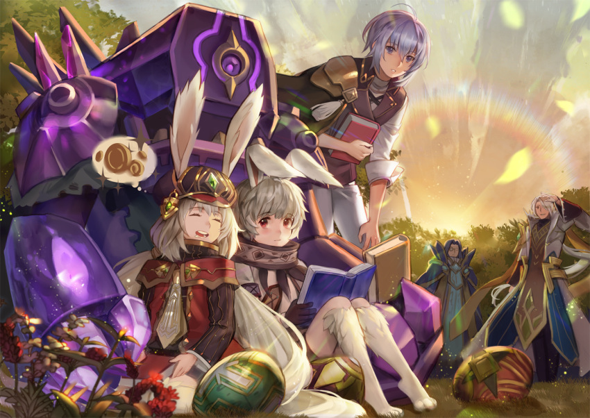 1girl 4boys animal_ears aosta_(sdorica_-sunset-) black_gloves book brother_and_sister character_request charle_(sdorica_-sunset-) closed_eyes egg facing_viewer flower gloves grey_hair hand_up hat holding holding_book jeonpa leah_(sdorica_-sunset-) lio_(sdorica_-sunset-) mecha monocle multiple_boys open_book open_mouth outdoors paws purple_hair rabbit_ears red_eyes sdorica_-sunset- siblings sitting standing sunset thought_bubble white_hair