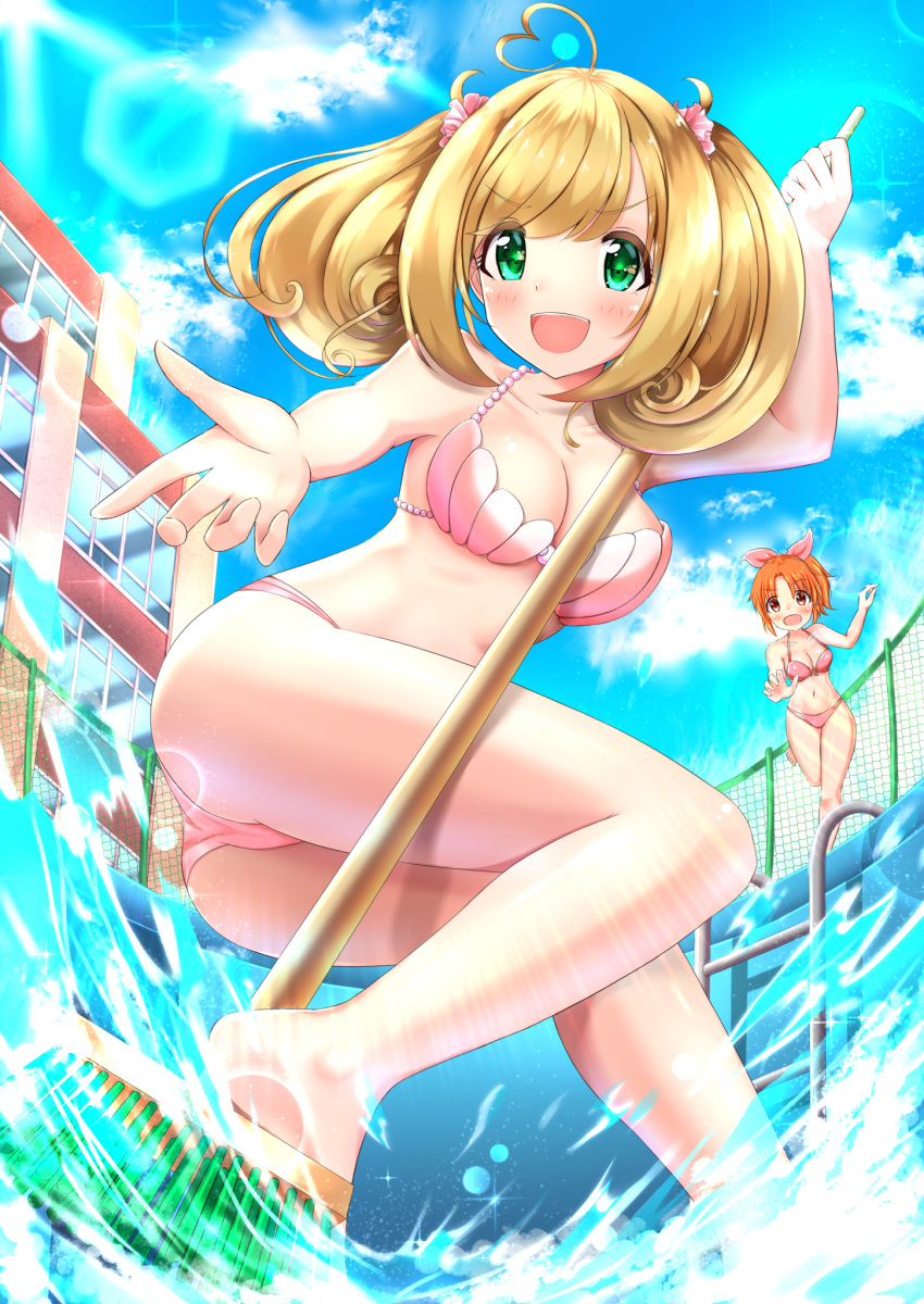 2girls :d ahoge barefoot bikini blonde_hair blue_sky blush bow breasts broom brown_eyes cleavage clouds empty_pool eyebrows_visible_through_hair from_below green_eyes hair_between_eyes hair_bow hair_ornament heart_ahoge highres holding holding_broom idolmaster idolmaster_cinderella_girls keyspace leg_up lens_flare long_hair medium_breasts multiple_girls navel open_mouth orange_hair outdoors outstretched_arm pink_bikini pink_bow satou_shin sky smile solo_focus swimsuit