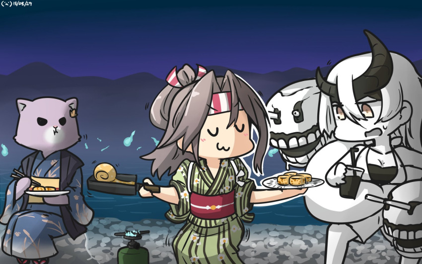 2girls :3 alternate_costume animal animalization cat closed_eyes commentary_request dated hachimaki hamu_koutarou hat headband heavy_cruiser_hime highres holding horns japanese_clothes kantai_collection kimono light_brown_hair long_hair multiple_girls obi sash shinkaisei-kan smile tama_(kantai_collection) v-shaped_eyebrows white_hair white_hat white_skin yellow_eyes yukata zuikaku_(kantai_collection)