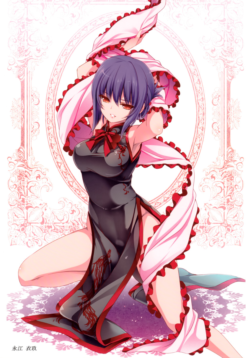 1girl absurdres alternate_costume armpits arms_up bangs bare_shoulders black_dress bow bowtie breasts china_dress chinese_clothes dress eyebrows_visible_through_hair feet_out_of_frame frilled_shawl frills hair_between_eyes head_tilt highres large_breasts lips looking_at_viewer moneti_(daifuku) nagae_iku no_hat no_headwear no_panties parted_lips pelvic_curtain pink_lips purple_hair red_bow red_eyes red_neckwear ribbon scan shawl short_hair side_slit sidelocks smile solo thighs touhou translated white_background