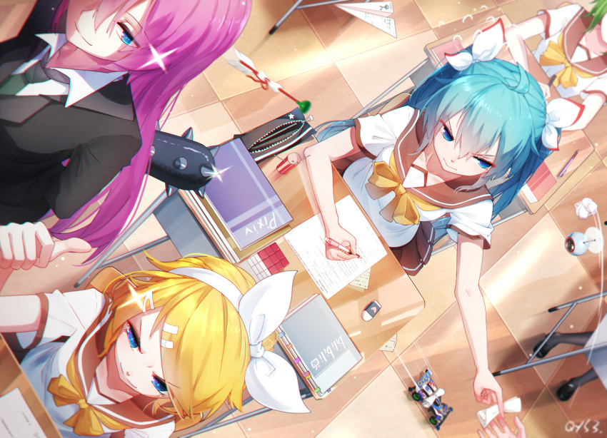 +_+ 5girls ahoge arm_up arms_behind_back bai_yemeng bangs black_footwear black_jacket black_legwear blonde_hair blue_eyes blue_hair blush book bow bowtie brown_sailor_collar brown_skirt chair checkered checkered_floor classroom closed_mouth club dart desk dutch_angle eraser eyebrows_visible_through_hair flying_sweatdrops from_above glint green_hair green_neckwear gumi hair_between_eyes hair_bow hair_ornament hair_ribbon hairband hairclip hatsune_miku highres holding indoors jacket kagamine_rin long_hair looking_at_viewer looking_away looking_to_the_side megurine_luka motion_lines multiple_girls neckerchief necktie outstretched_arm pantyhose paper paper_airplane pen pencil_case pencil_sharpener pink_hair pleated_skirt propeller revision ribbon rubik's_cube ruler sailor_collar school_chair school_desk school_uniform serafuku shaded_face shirt shoes short_hair short_sleeves signature skirt smile smug spiked_club star straight_hair suction-cup_dart swept_bangs teacher thumbs_up toy_car v-shaped_eyebrows very_long_hair vocaloid weapon white_hairband white_ribbon white_shirt x_hair_ornament yellow_bow
