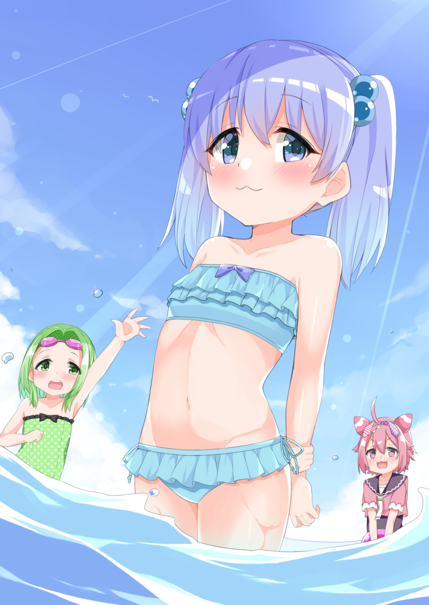 3girls :3 :d absurdres ahoge arm_up bangs bare_arms bare_shoulders bikini black_bow black_sailor_collar black_swimsuit blue_bikini blue_eyes blue_hair blue_sky blush bow cacao_(chocolat) casual_one-piece_swimsuit closed_mouth clouds collarbone commentary_request day eyebrows_visible_through_hair fingernails frilled_swimsuit frills green_eyes green_hair green_swimsuit groin hair_between_eyes hair_bobbles hair_ornament highres long_hair morinaka_kazaki multiple_girls navel nijisanji one-piece_swimsuit open_mouth outdoors outstretched_arm pink_hair red_eyes red_shirt round_teeth sailor_collar shirt short_hair short_sleeves side-tie_bikini sky smile standing strapless strapless_swimsuit swimsuit swimsuit_under_clothes teeth twintails upper_teeth ushimi_ichigo v_arms virtual_youtuber wading water wet yuuki_chihiro