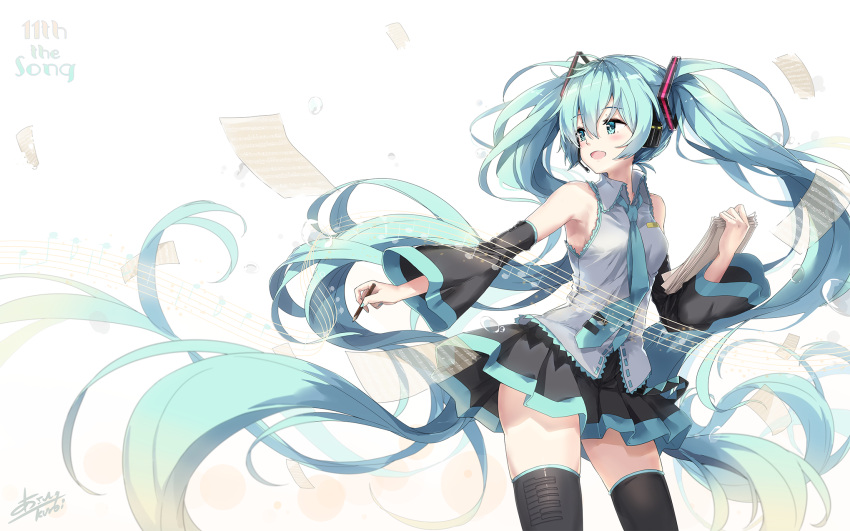 1girl :d armpits bangs bare_shoulders black_legwear black_skirt blue_eyes blue_hair blue_neckwear blush breasts collared_shirt commentary_request contrapposto cowboy_shot detached_sleeves english eyebrows_visible_through_hair grey_shirt hair_between_eyes hatsune_miku headphones headset highres holding holding_pencil k.syo.e+ long_hair long_sleeves looking_away looking_to_the_side miniskirt musical_note necktie open_mouth paper pencil pleated_skirt sheet_music shiny shiny_hair shirt signature simple_background skirt small_breasts smile solo thigh-highs very_long_hair vocaloid white_background wide_sleeves zettai_ryouiki