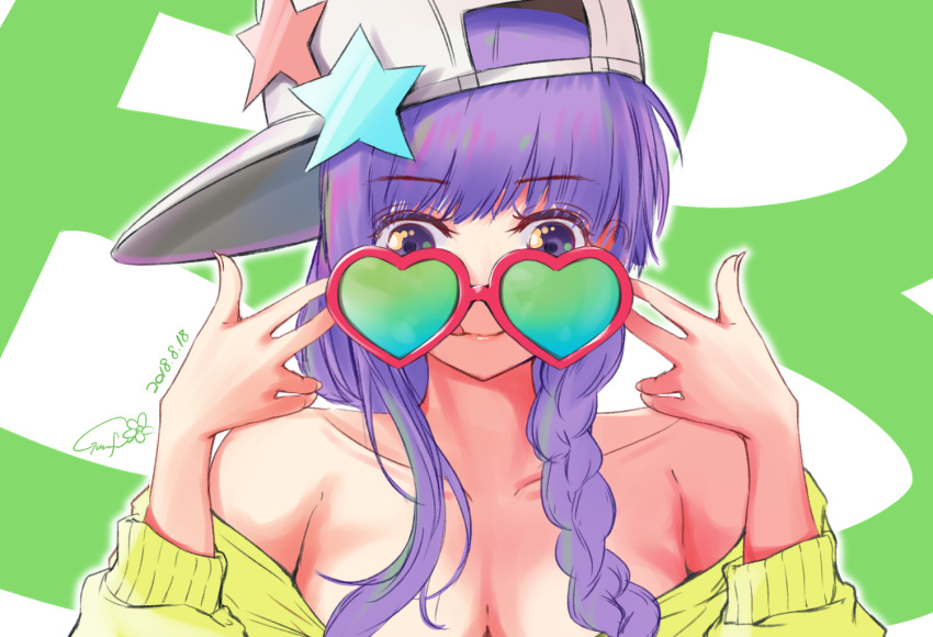 1girl :p asymmetrical_hair bare_shoulders baseball_cap bb_(fate)_(all) bb_(swimsuit_mooncancer)_(fate) braid breasts character_name cleavage collarbone commentary_request dated fate/grand_order fate_(series) glasses gurifu hat heart heart-shaped_eyewear heart-shaped_glasses heart-shaped_sunglasses large_breasts long_hair off_shoulder purple_hair side_braid sideways_hat signature single_sidelock solo star_hat_ornament sunglasses tongue tongue_out violet_eyes w