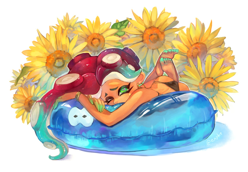 1girl aqua_hair arms_up ass asymmetrical_hair back bare_arms bare_shoulders barefoot bikini black_bikini black_swimsuit cephalopod_eyes commentary_request covered_mouth earrings feet_up flower full_body green_eyes green_skin half-closed_eye hand_on_own_arm hoop_earrings iida_(splatoon) innertube jewelry long_hair looking_at_viewer lying multicolored multicolored_hair multicolored_skin octarian on_stomach one_eye_closed pink_pupils redhead sizu soles solo splatoon splatoon_2 suction_cups sunflower swimsuit tentacle_hair toes twisted_torso twitter_username very_long_hair