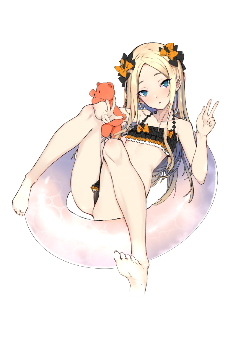 1girl abigail_williams_(fate/grand_order) absurdres bangs bare_legs barefoot bikini black_bikini blonde_hair blue_eyes bow double_w fate/grand_order fate_(series) flat_chest ganida_boushoku hair_bow head_tilt highres innertube long_hair looking_at_viewer lying parted_bangs parted_lips sidelocks simple_background solo stuffed_animal stuffed_toy swimsuit teddy_bear triangle_mouth w white_background