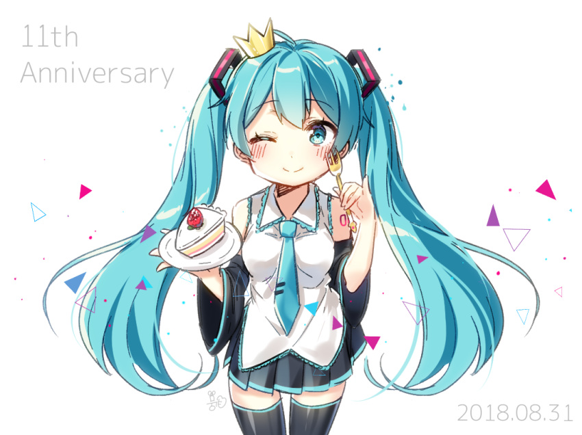 1girl ;) anniversary bangs bare_shoulders black_legwear black_skirt blue_hair blue_neckwear blush breasts cake closed_mouth collared_shirt commentary_request crown dated detached_sleeves eyebrows_visible_through_hair fingernails food fork green_eyes hair_between_eyes hatsune_miku holding holding_fork holding_plate lips long_hair long_sleeves mini_crown moong_gya necktie one_eye_closed pinky_out plate pleated_skirt shirt skirt slice_of_cake small_breasts smile solo thigh-highs tie_clip twintails very_long_hair vocaloid white_background white_shirt wide_sleeves