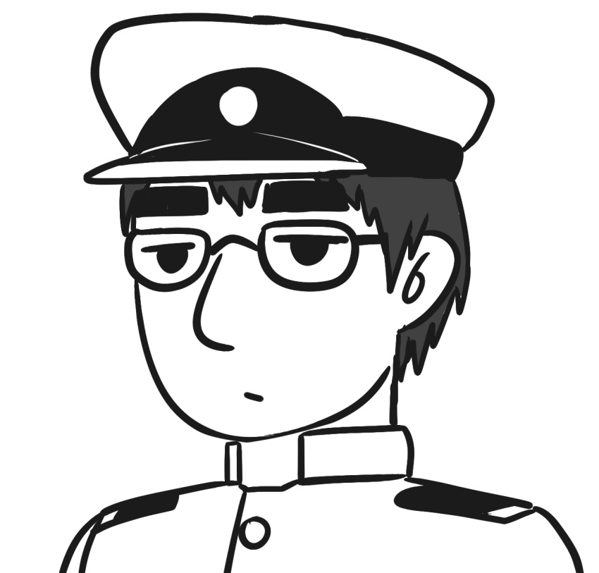 1boy :/ bangs blew_andwhite character_request closed_mouth commentary_request expressionless flat_color glasses greyscale half-closed_eyes hat highres jitome kantai_collection male_focus military_jacket monochrome nose peaked_cap portrait simple_background sketch solo thick_eyebrows white_background
