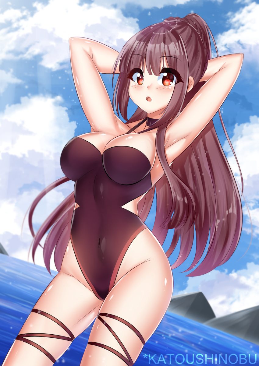 1girl arms_behind_head arms_up artist_name black_hair black_swimsuit blue_sky casual_one-piece_swimsuit clouds cowboy_shot day dutch_angle girls_frontline highres horizon katou_shinobu long_hair mountain ocean one-piece_swimsuit open_mouth outdoors red_eyes sky solo standing swimsuit wa2000_(girls_frontline)