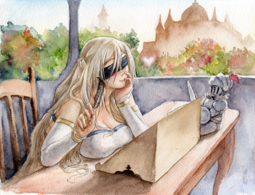 1girl bare_shoulders blindfold blonde_hair braid breast_rest breasts character_doll cleavage commentary_request detached_sleeves dress frank_leung french_braid goblin_slayer goblin_slayer! large_breasts leaning_forward long_hair maiden_of_the_sword quill sitting solo strapless strapless_dress traditional_media very_long_hair watercolor_(medium) white_dress