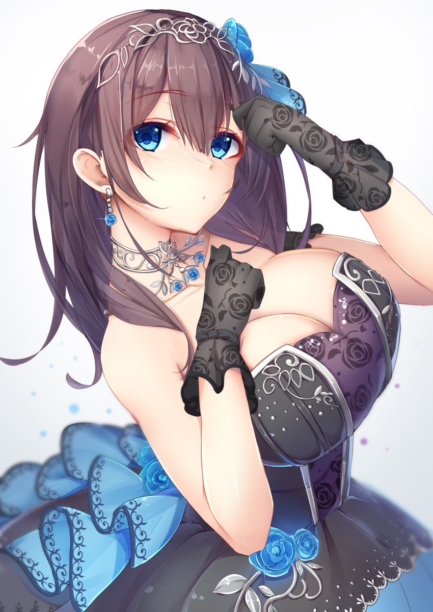 1girl bangs bare_shoulders black_dress black_gloves blue_eyes blue_flower blue_ribbon blue_rose blush breasts brown_hair cleavage collarbone diadem dress elbow_gloves eyebrows_visible_through_hair eyes_visible_through_hair floral_print flower from_above from_side gloves hair_between_eyes hair_ribbon head_tilt highres idolmaster idolmaster_cinderella_girls idolmaster_cinderella_girls_starlight_stage jewelry large_breasts long_hair looking_at_viewer ribbon rose rose_print sagisawa_fumika sash simple_background smile solo stenciled_rose tatapopo upper_body white_background