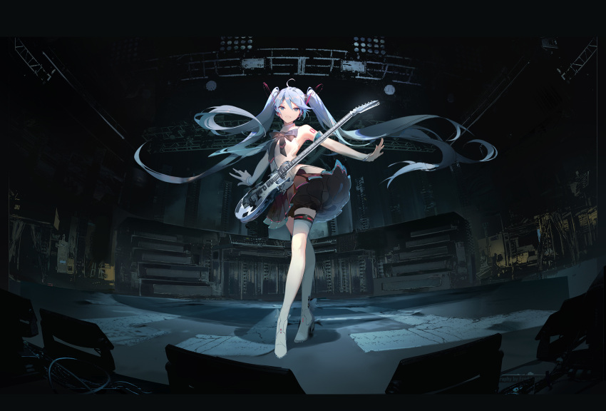 1girl ahoge blue_eyes blue_hair boots detached_sleeves electric_guitar floating_hair full_body guitar hatsune_miku highres instrument long_hair outstretched_arms pleated_skirt red_flowers skirt solo spread_arms thigh-highs thigh_boots twintails very_long_hair vocaloid white_legwear