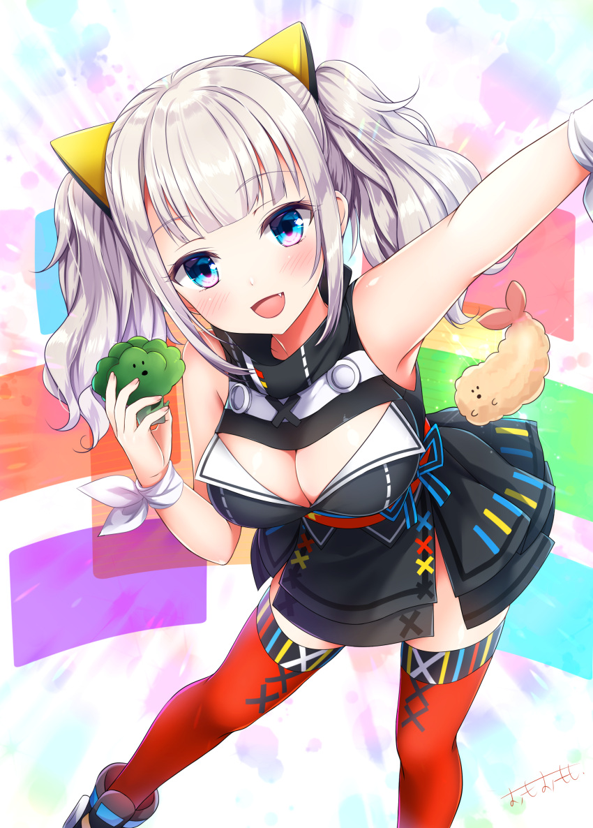 1girl :d absurdres bare_shoulders black_dress black_footwear blue_eyes blush boots breasts broccoli cleavage cleavage_cutout commentary_request dress fang food hair_ornament hairclip highres kaguya_luna kaguya_luna_(character) large_breasts leaning_forward long_hair looking_at_viewer obi omoomomo open_mouth red_legwear sash shrimp shrimp_tempura sidelocks silver_hair sleeveless sleeveless_dress smile solo tempura thigh-highs translated twintails virtual_youtuber