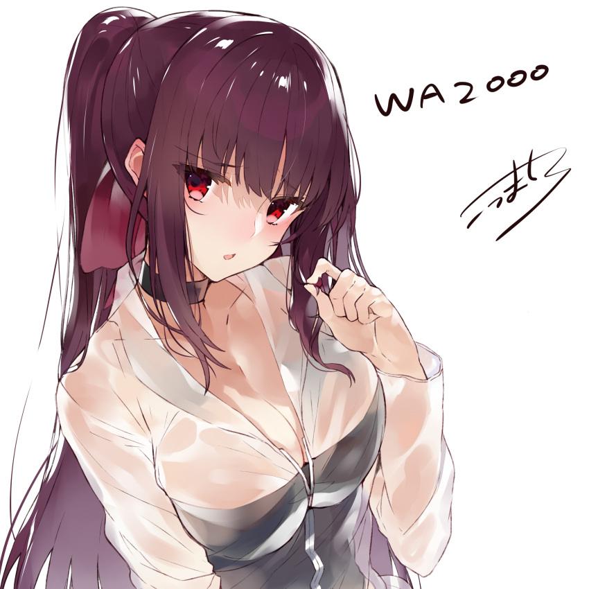 1girl absurdres blush breasts character_name choker cleavage competition_swimsuit eyebrows_visible_through_hair girls_frontline hair_ribbon hair_twirling highres kou_mashiro looking_at_viewer one-piece_swimsuit ponytail purple_hair red_eyes ribbon see-through simple_background swimsuit wa2000_(girls_frontline) white_background