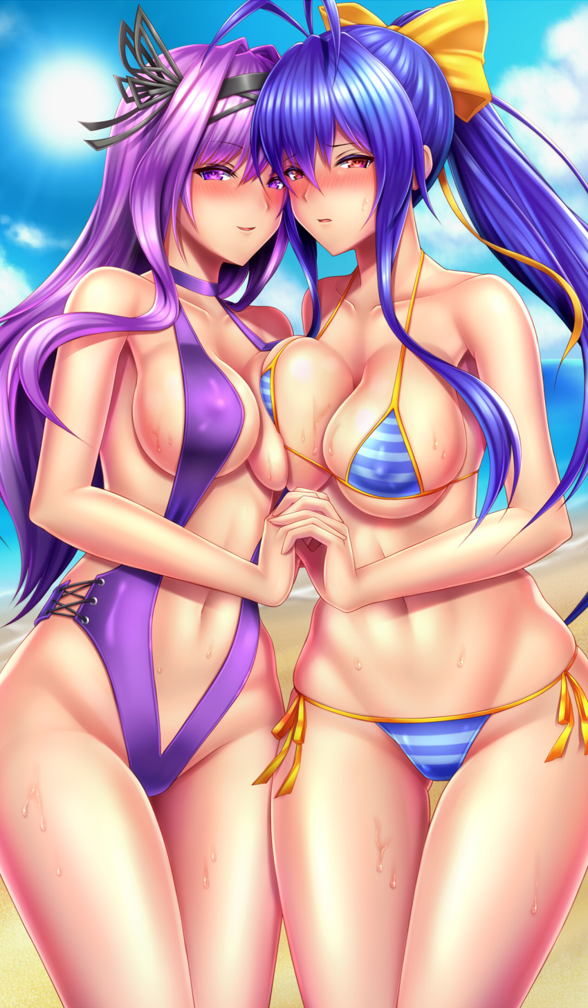 2girls antenna_hair bare_shoulders beach bikini black_hairband blazblue blue_hair blue_sky bow breast_press breasts choker collarbone day erect_nipples genderswap genderswap_(mtf) hair_bow hairband hand_holding highres horizontal_stripes kajun_faycott large_breasts long_hair looking_at_viewer mai_natsume multiple_girls navel ocean one-piece_swimsuit open_mouth outdoors ponytail purple_choker purple_hair purple_swimsuit red_eyes shiboru side-tie_bikini sky smile striped striped_bikini swimsuit symmetrical_docking thigh_gap thighs very_long_hair violet_eyes water yellow_bow