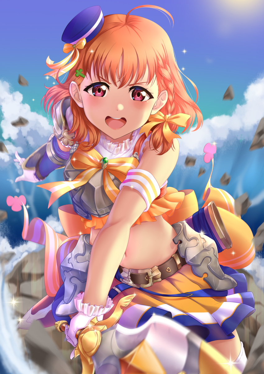 1girl absurdres ahoge armband asymmetrical_sleeves blue_hat blue_sky bow braid breastplate day detached_sleeves gloves hair_bow hat highres holding holding_sword holding_weapon long_hair looking_at_viewer love_live! love_live!_sunshine!! midriff miniskirt navel open_mouth orange_hair outdoors outstretched_arm pleated_skirt raemn_(raemn2d) red_eyes skirt sky sleeveless solo sparkle stomach sword takami_chika thigh-highs weapon white_gloves white_legwear yellow_bow