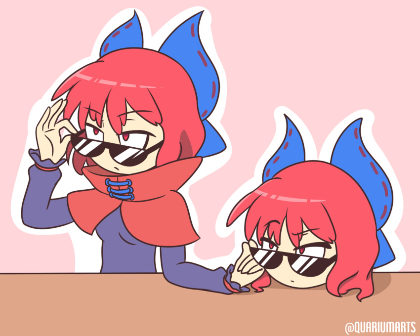 1girl artist_name bow disembodied_head hair_bow long_sleeves looking_over_sunglasses quariumarts red_eyes redhead sekibanki sunglasses touhou twitter_username unamused