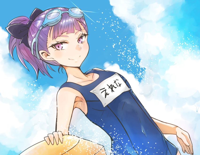 1girl bikini blue_sky blush breasts closed_mouth clouds cloudy_sky commentary_request day dutch_angle eyebrows_visible_through_hair eyewear_on_head fate/grand_order fate_(series) gin_moku hair_between_eyes helena_blavatsky_(fate/grand_order) helena_blavatsky_(swimsuit_archer)_(fate) innertube looking_at_viewer name_tag one-piece_swimsuit outdoors ponytail purple_hair school_swimsuit shiny shiny_clothes short_hair sky small_breasts smile solo swimsuit upper_body violet_eyes