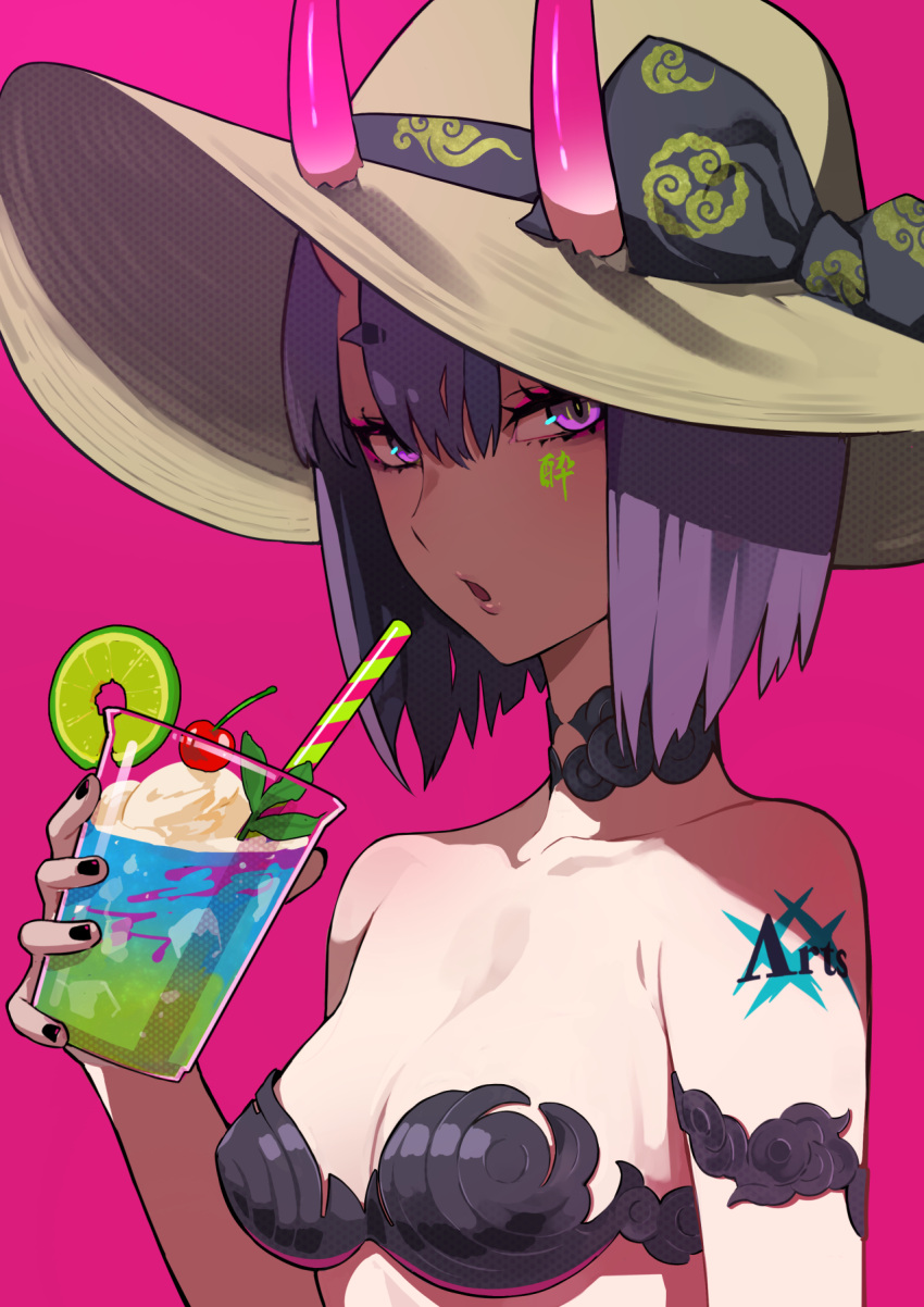 1girl bangs bare_arms bare_shoulders black_bow black_nails bow breasts brown_hat cherry_blossoms cleavage collarbone commentary_request cup drinking_glass drinking_straw eyebrows_visible_through_hair facial_mark fate/grand_order fate_(series) fingernails food hair_between_eyes hat hat_bow highres holding holding_cup horns horns_through_headwear ice_cream ice_cream_float looking_at_viewer nail_polish oni oni_horns parted_lips purple_background purple_hair ram_(ramlabo) revealing_clothes short_hair shuten_douji_(fate/grand_order) simple_background small_breasts solo sun_hat violet_eyes