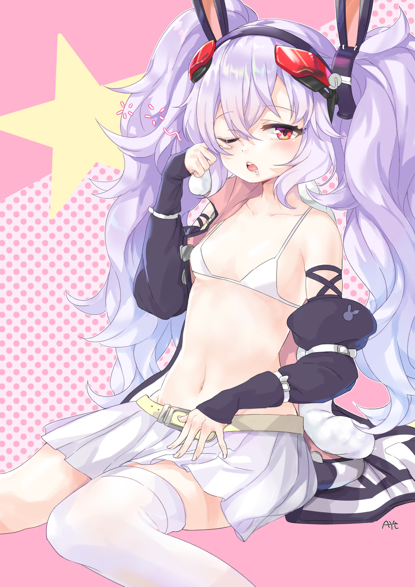 1girl absurdres animal_ears arm_up asymmetrical_legwear aye azur_lane bangs bare_shoulders belt_buckle bikini_top black_hairband black_jacket blush breasts buckle collarbone commentary_request detached_sleeves drooling eyebrows_visible_through_hair fingernails hair_between_eyes hairband highres jacket laffey_(azur_lane) long_sleeves navel one_eye_closed parted_lips pink_background pleated_skirt polka_dot polka_dot_background purple_hair rabbit_ears red_eyes rubbing_eyes saliva signature single_thighhigh skirt sleeves_past_wrists small_breasts solo star tears thigh-highs twintails upper_teeth white_bikini_top white_legwear white_skirt