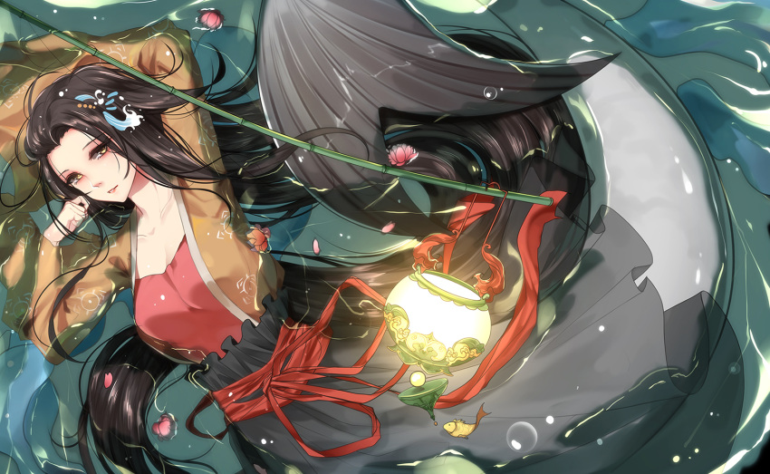 1girl bba1985 black_hair black_skirt gourmet_kizuna hair_ornament highres lake lantern long_hair mermaid monster_girl personification skirt solo very_long_hair water