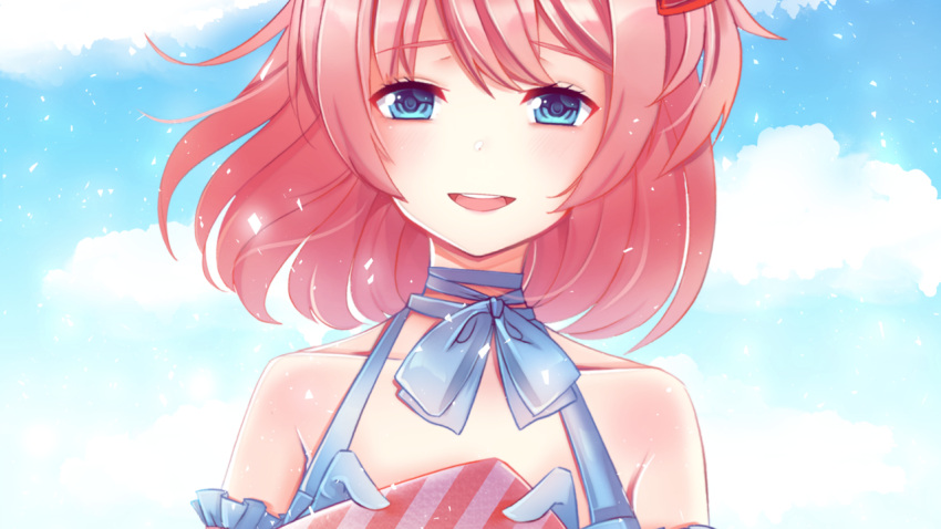 1girl :d bare_shoulders blue_eyes blue_gloves blue_sky clouds doki_doki_literature_club eyebrows_visible_through_hair game_cg gloves looking_at_viewer medium_hair open_mouth peachcake pink_hair sayori_(doki_doki_literature_club) sky smile solo