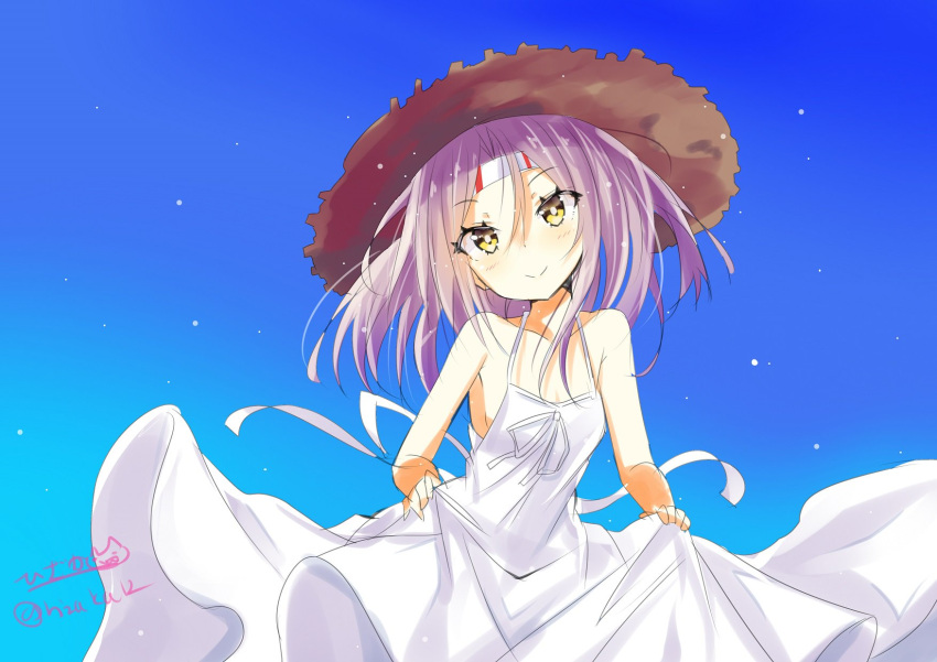 1girl blue_sky blush breasts closed_mouth dress eyebrows_visible_through_hair gradient gradient_background grey_hair hair_between_eyes hat headband highres hizaka kantai_collection long_dress long_hair looking_at_viewer no_bra sky small_breasts smile solo straw_hat twitter_username white_dress yellow_eyes zuihou_(kantai_collection)