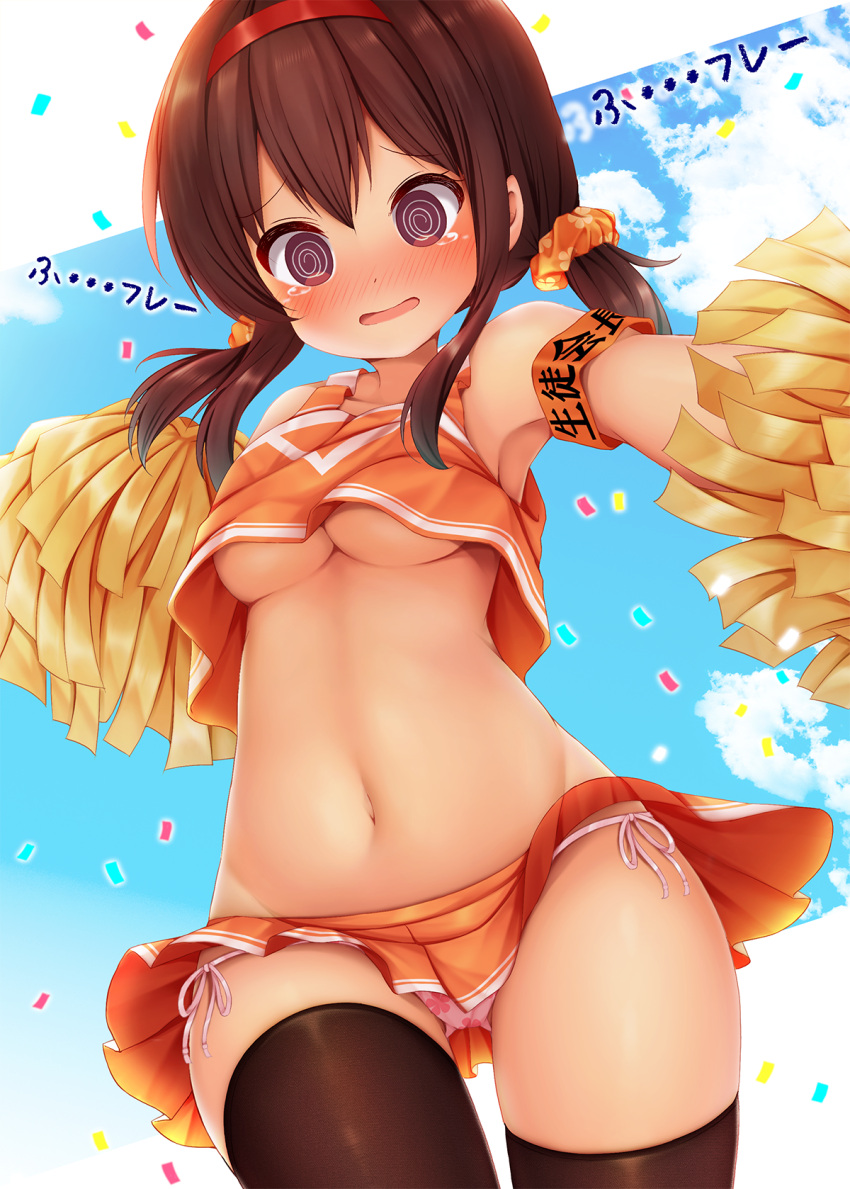 1girl @_@ armband ass_visible_through_thighs bare_shoulders black_legwear blue_sky blush breasts brown_eyes brown_hair clouds commentary_request confetti crop_top day dutch_angle hair_ornament hair_scrunchie hairband highres holding long_hair low_twintails medium_breasts microskirt midriff minato_(ojitan_gozaru) navel nose_blush orange_scrunchie orange_skirt orange_tank_top original panties parted_lips pink_panties pleated_skirt pom_poms red_hairband scrunchie side-tie_panties skirt sky solo stomach tank_top thigh-highs thighs translated twintails under_boob underwear