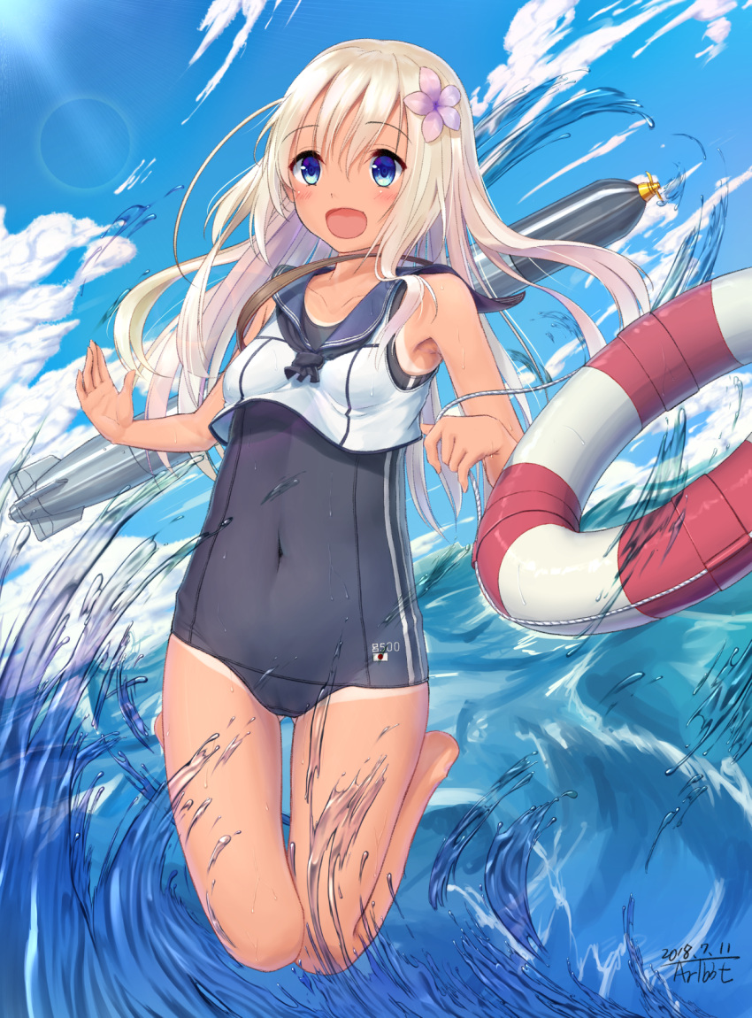 1girl black_swimsuit blonde_hair blue_eyes blue_sky clouds covered_navel crop_top dated day flower full_body hair_flower hair_ornament highres kantai_collection lens_flare lifebuoy long_hair one-piece_swimsuit one-piece_tan open_mouth outdoors ro-500_(kantai_collection) sailor_collar school_swimsuit signature sky smile solo splashing swimsuit swimsuit_under_clothes tan tanline torpedo traveler_(artbbt) water