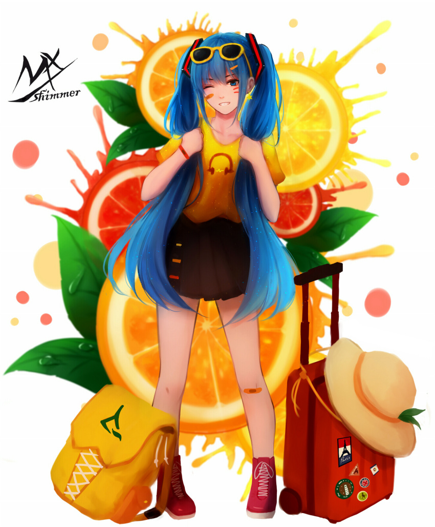 1girl artist_name backpack bag bandaid bandaid_on_face bangs black_skirt blue_eyes blue_hair blush boots earrings eyebrows_visible_through_hair eyewear_on_head facial_mark food fruit grin hair_between_eyes hair_ornament hairclip hat hat_removed hatsune_miku headwear_removed highres holding holding_hair jewelry lemon lemon_slice long_hair orange orange_slice pleated_skirt print_shirt red_footwear rolling_suitcase shimmer shirt short_sleeves signature skirt smile solo standing star star_earrings sun_hat sunglasses twintails very_long_hair vocaloid white_background yellow-framed_eyewear yellow_shirt