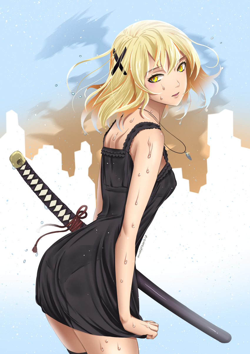 1girl 2018 absurdres bangs black_dress black_legwear blonde_hair blush border breasts building building_print dated dress eudetenis hair_between_eyes hair_ornament head_tilt highres holding holding_clothes holding_sword holding_weapon jewelry katana lips lipstick long_hair looking_at_viewer looking_back makeup necklace original parted_lips pendant pink_lipstick profile see-through sheath sheathed signature sleeveless sleeveless_dress small_breasts solo standing sweat sweatdrop sword thigh-highs weapon x_hair_ornament yellow_eyes