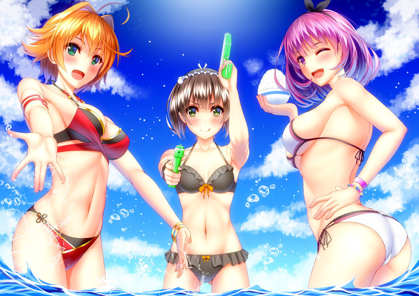3girls absurdres armlet ass bangs bare_shoulders bikini blue_sky blush bracelet breasts brown_hair character_request cleavage clouds cloudy_sky collarbone day dual_wielding eyebrows_visible_through_hair food green_eyes hairband hand_on_hip highres holding jewelry looking_at_viewer medium_breasts multiple_girls navel ocean open_mouth orange_hair outdoors shiny shiny_hair shirouzu_myuuta short_hair side-tie_bikini sideboob sky small_breasts smile splashing swimsuit toy violet_eyes virtual_youtuber wading water_drop water_gun wristband