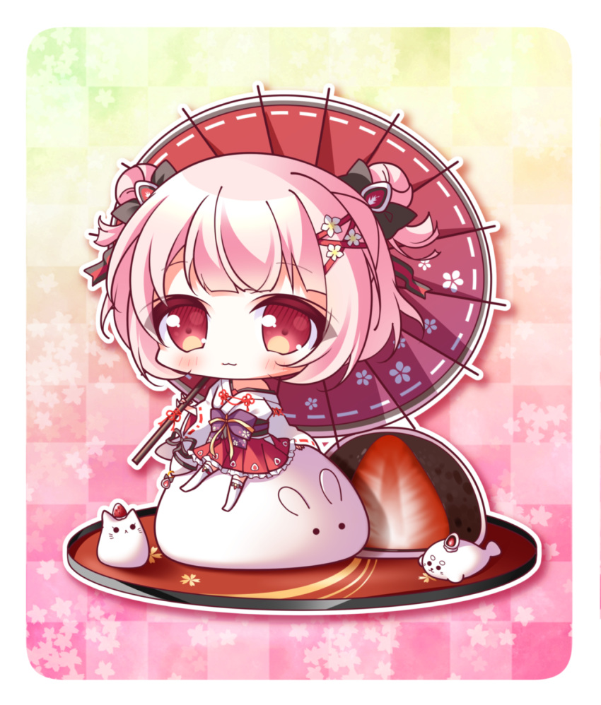 1girl :3 animal bangs black_bow blush bow cat character_request checkered checkered_background chibi closed_mouth commentary_request cuisine_dimension double_bun eyebrows_visible_through_hair flower food fruit hair_bow hair_flower hair_ornament hair_ribbon highres holding holding_umbrella japanese_clothes kimono long_sleeves looking_at_viewer obi off_shoulder oriental_umbrella pink_hair pleated_skirt rabbit red_eyes red_ribbon red_skirt red_umbrella ribbon ribbon-trimmed_sleeves ribbon_trim ryuuka_sane sash seal short_hair side_bun sitting skirt sleeves_past_wrists solo strawberry thigh-highs tray umbrella white_flower white_kimono white_legwear wide_sleeves