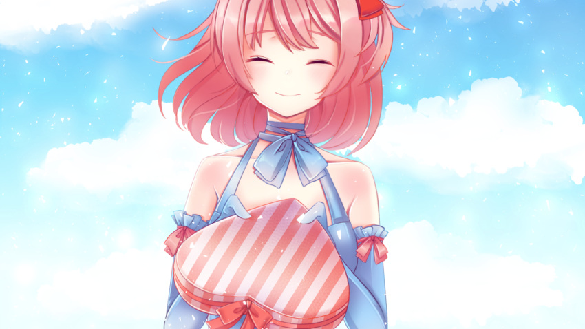 1girl ^_^ bare_shoulders blue_gloves blue_sky box closed_eyes closed_eyes clouds commentary doki_doki_literature_club elbow_gloves english_commentary eyebrows_visible_through_hair facing_viewer game_cg gloves heart-shaped_box medium_hair peachcake pink_hair sayori_(doki_doki_literature_club) sky smile solo