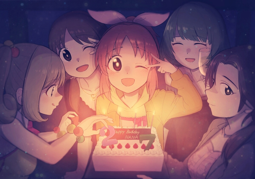 5girls abe_nana alcohol birthday birthday_cake bow buta_tsuzumi cake candle champagne character_request food hair_bow idolmaster idolmaster_cinderella_girls katagiri_sanae multiple_girls one_eye_closed ponytail satou_shin takagaki_kaede tongue tongue_out twintails v_over_eye