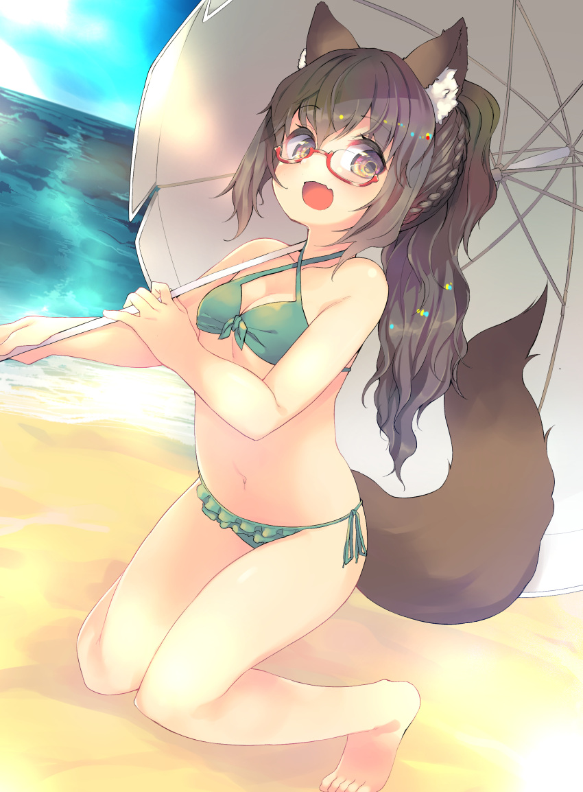 1girl :d absurdres animal_ear_fluff animal_ears azuki_akizuki bangs bare_shoulders barefoot beach beach_umbrella bikini blush braid breasts brown_eyes brown_hair cleavage clouds collarbone commentary_request day eyebrows_visible_through_hair fang fox_ears fox_tail frilled_bikini frills full_body glasses green_bikini hair_between_eyes halter_top halterneck highres long_hair looking_at_viewer navel ocean open_mouth original outdoors ponytail red-framed_eyewear semi-rimless_eyewear side-tie_bikini sky small_breasts smile solo swimsuit tail umbrella under-rim_eyewear water